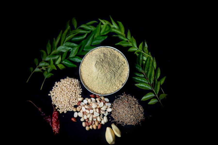 Traditional Indian spices and curry leaves