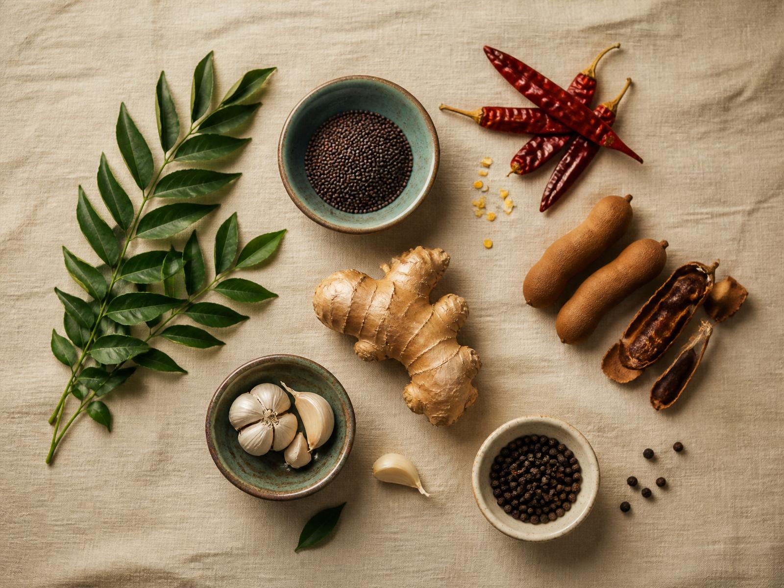 Real South Indian ingredients — coconut, peanuts, coriander, tomato and beetroot — laid out on a warm cream surface